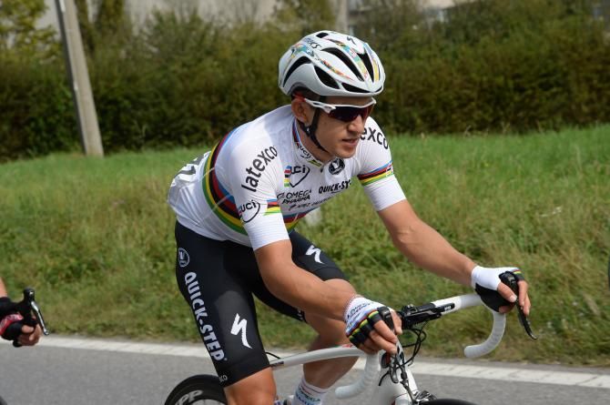 Michal Kwiatkowski rides his first race in the rainbow jersey