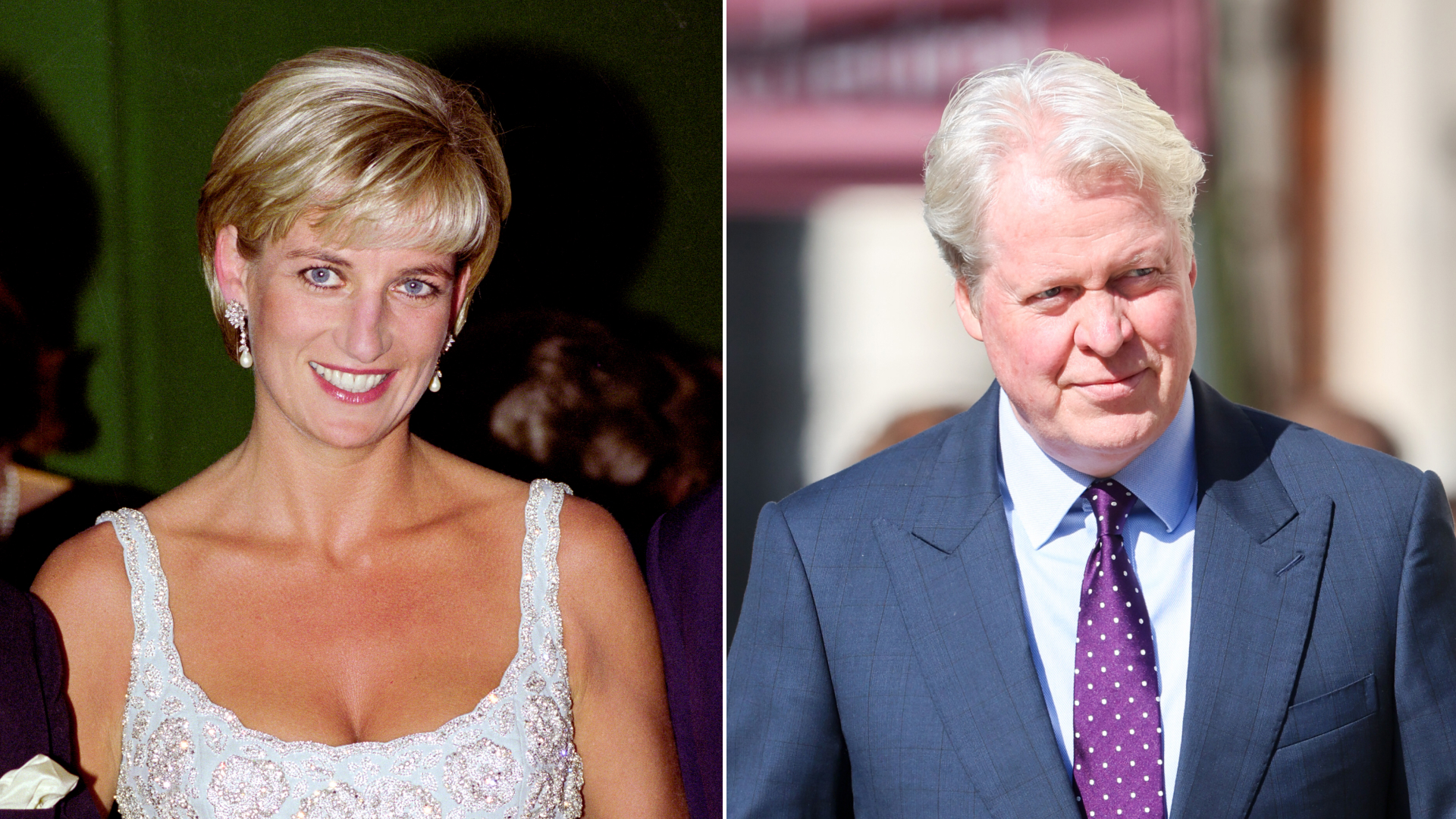 Princess Diana wears a sparkly white dress and has short blonde hair, while her brother Earl Charles Spencer wears a blue suit and has gray hair