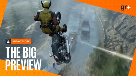 Wolverine is on a motorcycle during a chase sequence from the Marvel's Wolverine trailer, jumping high into the air on it as he's under fire, with the orange GamesRadar Big Preview frame