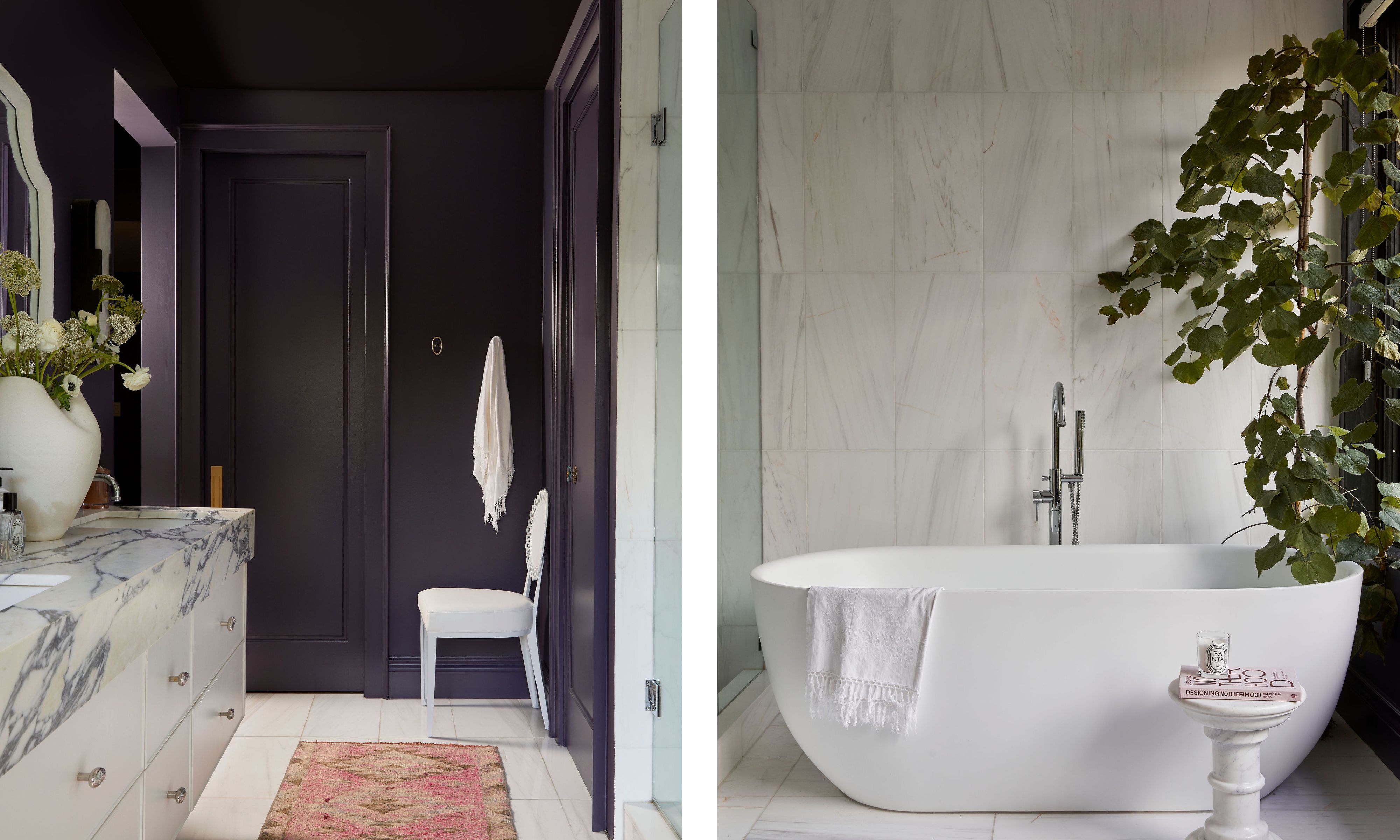 Split image, left image is a dark bathroom with a white vanity with a marble top and the right image is on a simple white bath tub with a marble wall behind and a tree in the corner