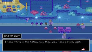 Omori screenshot showing a group talking to Gator Guy