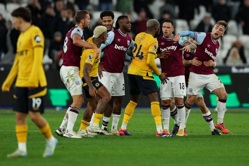 West Ham United captain Jarrod Bowen and Wolvehampton Wanderers captain Mario Lemina clash on the pitch with one another