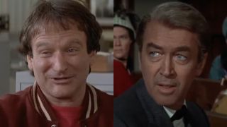 Side by side images of Robin Williams in Mrs. Doubtfire and Jimmy Stewart in Shenandoah.