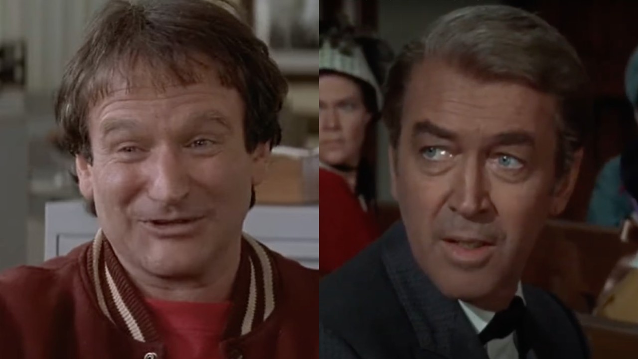 Side by side images of Robin Williams in Mrs. Doubtfire and Jimmy Stewart in Shenandoah. 