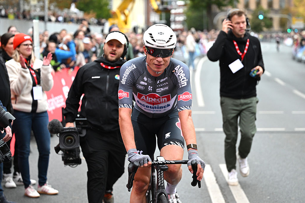 MUNSTER, GERMANY - OCTOBER 03: Race winner Jasper Philipsen of Belgium and Team Alpecin - Deceuninck reacts after the 19th Sparkassen Munsterland Giro 2025 a 192km one day race from Stromberg to Munster on October 03, 2025 in Munster, Germany. (Photo by Christian Kaspar-Bartke/Getty Images)