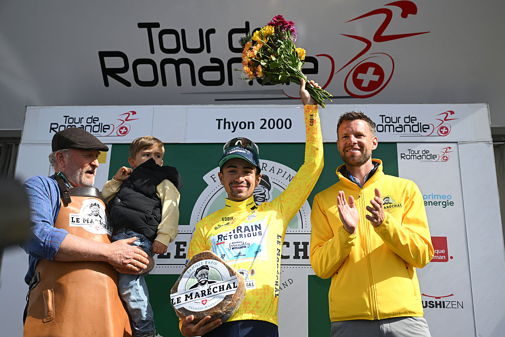 THYON 2000 SWITZERLAND MAY 03 Lenny Martinez of France and Team Bahrain Victorious celebrates at podium as Yellow Leader Jersey winner during the 78th Tour De Romandie 2025 Stage 4 a 1283km stage from Sion to Thyon 2000 2091m UCIWT on May 03 2025 in Thyon 2000 Switzerland Photo by Dario BelingheriGetty Images