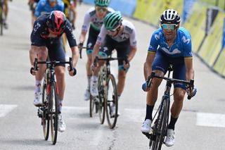 Spanish Alejandro Valverde of Movistar Team R wins before British Tao Geoghegan Hart of Ineos Grenadiers L the sprint at the finish of the sixth stage of the 73rd edition of the Criterium du Dauphine cycling race 1675 Km from LoriolsurDrome to Le SappeyenChartreuse France Friday 04 June 2021BELGA PHOTO DAVID STOCKMAN Photo by DAVID STOCKMANBELGA MAGAFP via Getty Images