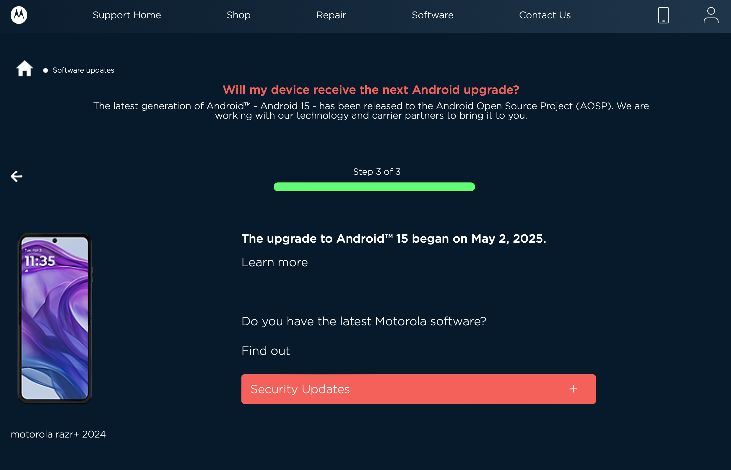 A screenshot of the Android 15 rollout status page on Motorola's website.