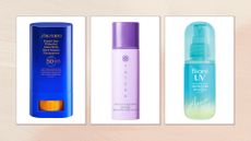 Collage of Japanese sunscreens (L-R) Shiseido Expert Sun Protector, Tatcha Silk Sunscreen and Biore UV, on a pink watercolour background