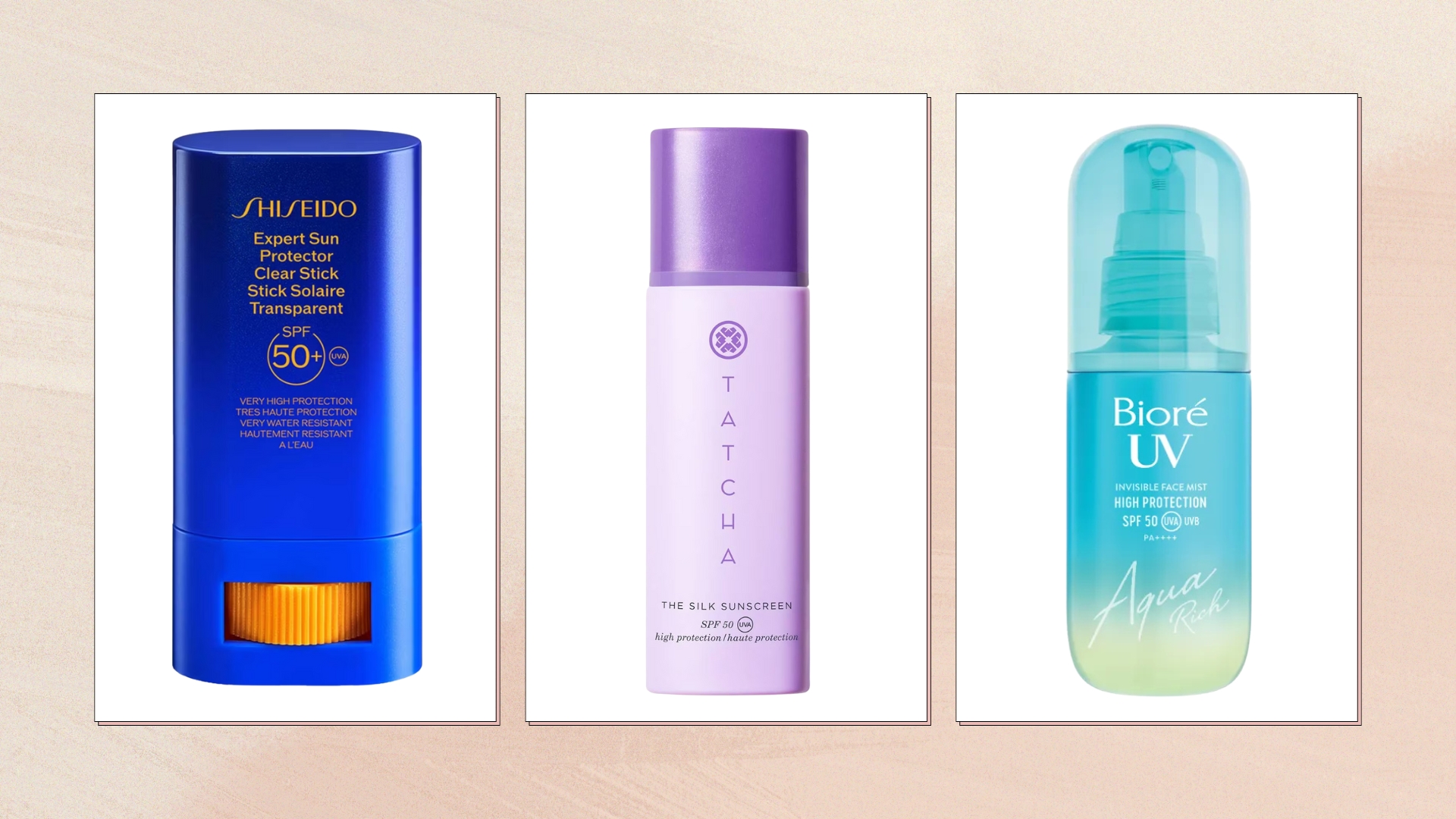 Collage of Japanese sunscreens (L-R) Shiseido Expert Sun Protector, Tatcha Silk Sunscreen and Biore UV, on a pink watercolour background