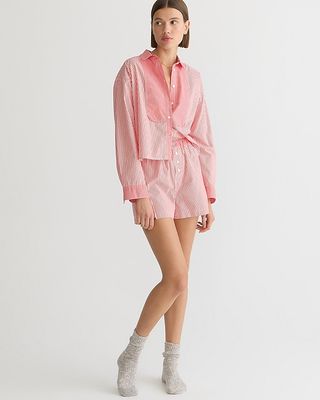 Cropped Bib Shirt and Boxer Short Pajama Set in Cotton Poplin