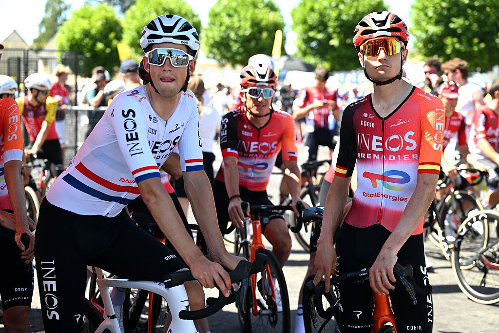 SAINT-MEEN-LE-GRAND, FRANCE - JULY 12: (L-R) Samuel Watson of Great Britain and Carlos Rodriguez of Spain and Team INEOS Grenadiers prior to the 112th Tour de France, Stage 8 a 197km stage from Saint-Meen-le-Grand to Laval (Espace Mayenne) / #UCIWT / on July 12, 2025 in Saint-Meen-le-Grand, France.