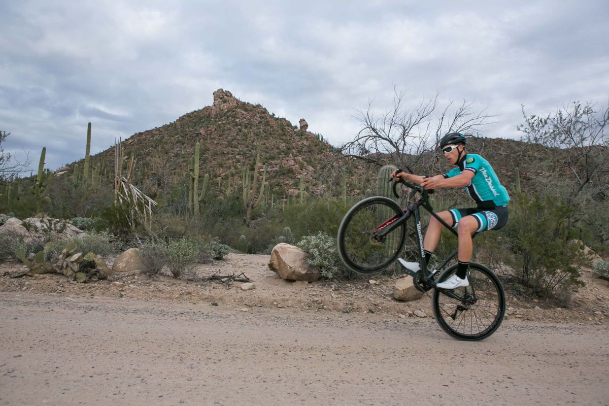 Nick Zukowsky gets tricky in his Floyd's Pro Cycling 2019 kit