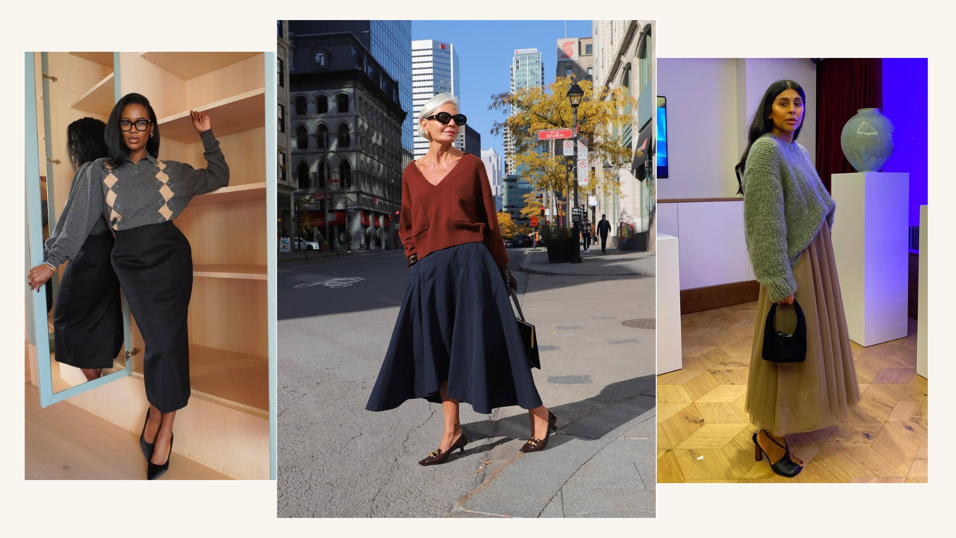 Stylish women wearing midi skirts and jumpers