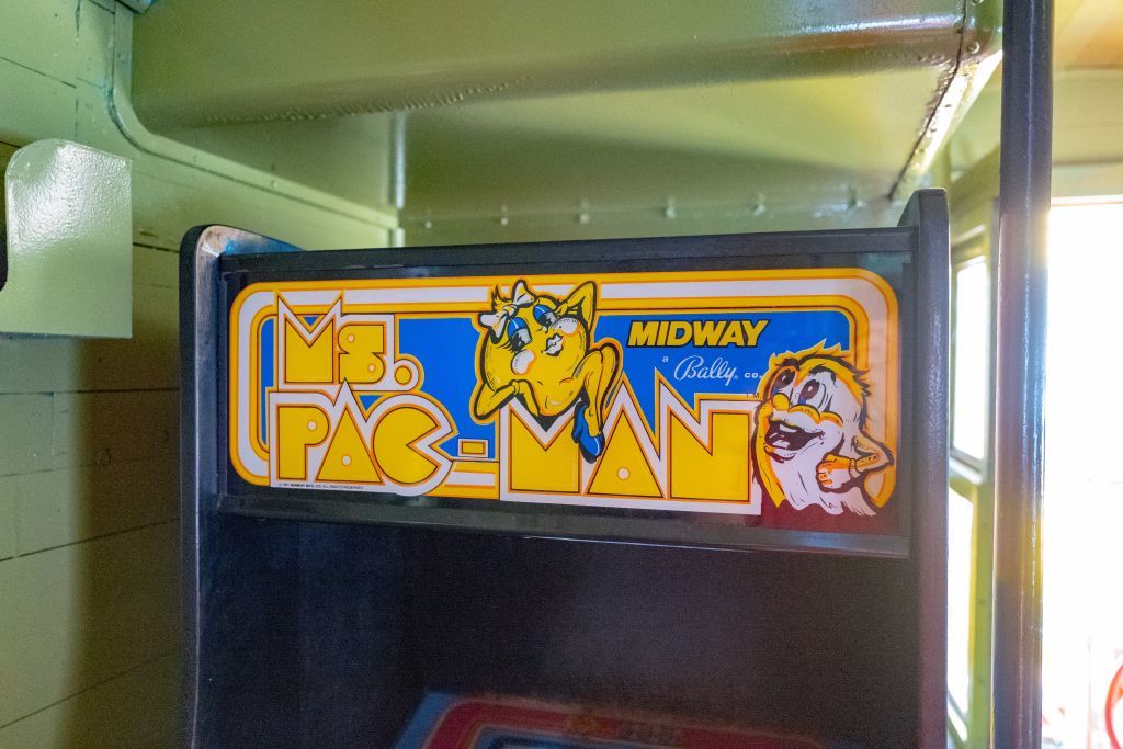 Close-up of a Ms Pac-Man arcade cabinet.