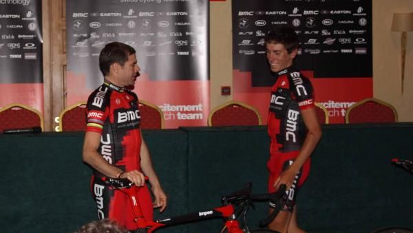 Cadel Evans shares a joke with Tim Roe at the BMC presentation.