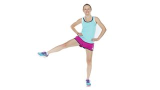 Woman doing a side lunge with leg raise exercise move as part of the 30-day booty workout challenge