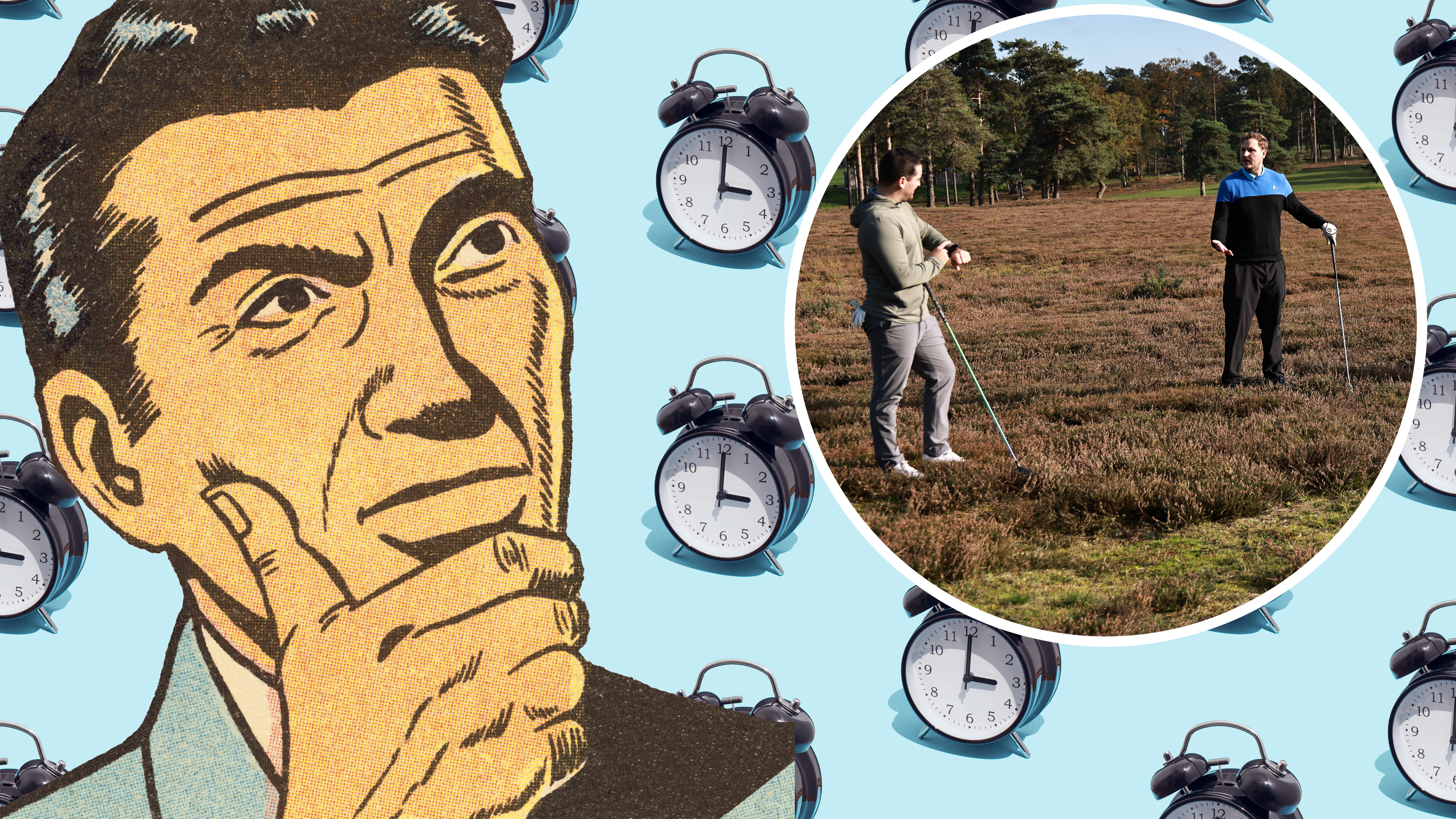 A golfer reminding another player about slow play by pointing to his watch, in front of a background of numerous alarm clocks and a sketch of a man racking his brain for a solution to slow play