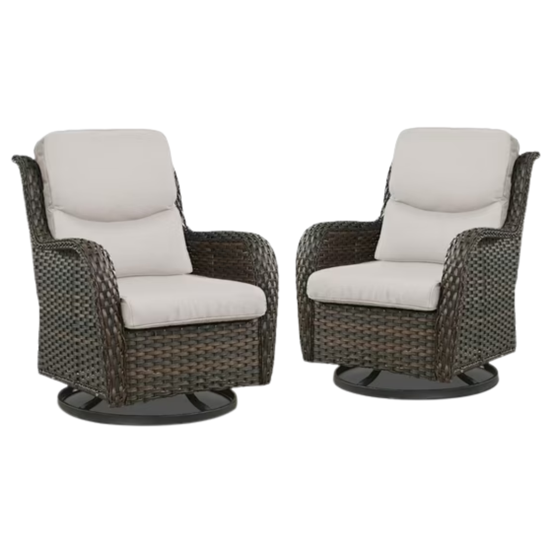 Pocassy Patio Swivel Chairs, Outdoor Wicker Swivel Glider Rocking Chairs With High Back and Thick Cushions for Porch Deck - Set of 2, Beige