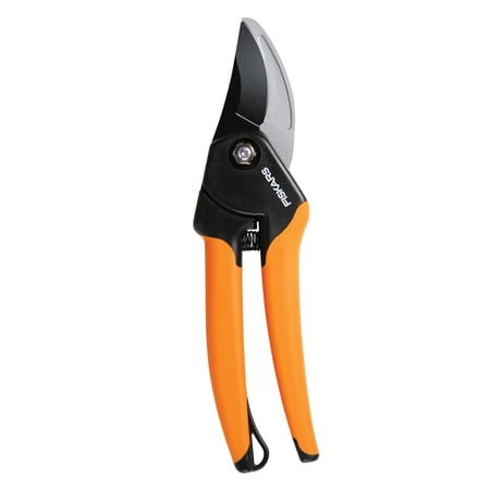 Fiskars 8 Inch Bypass Pruner With Soft Grip Handle, Steel Blade, Black and Orange