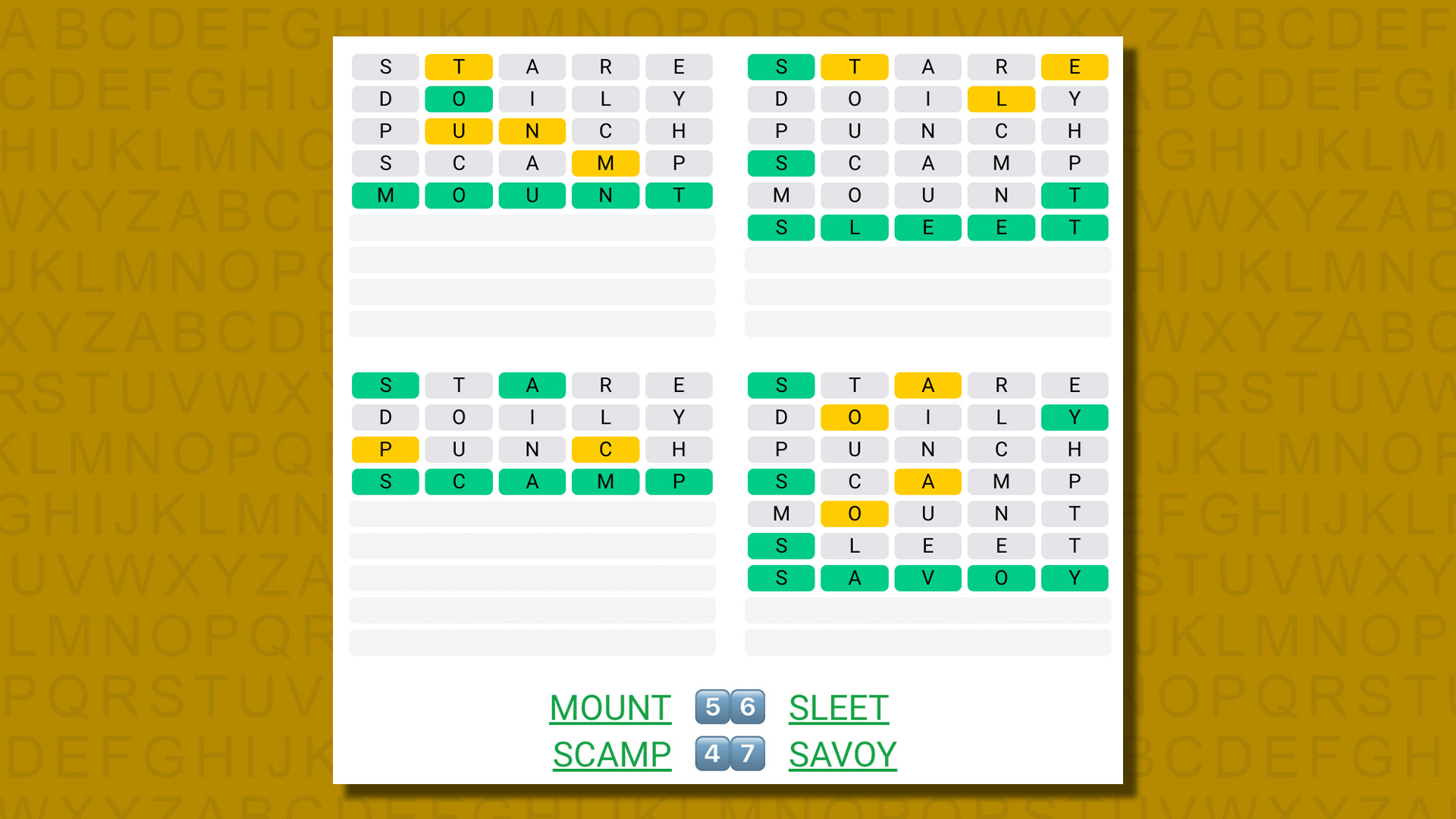 Quordle answers for game 583 on a yellow background