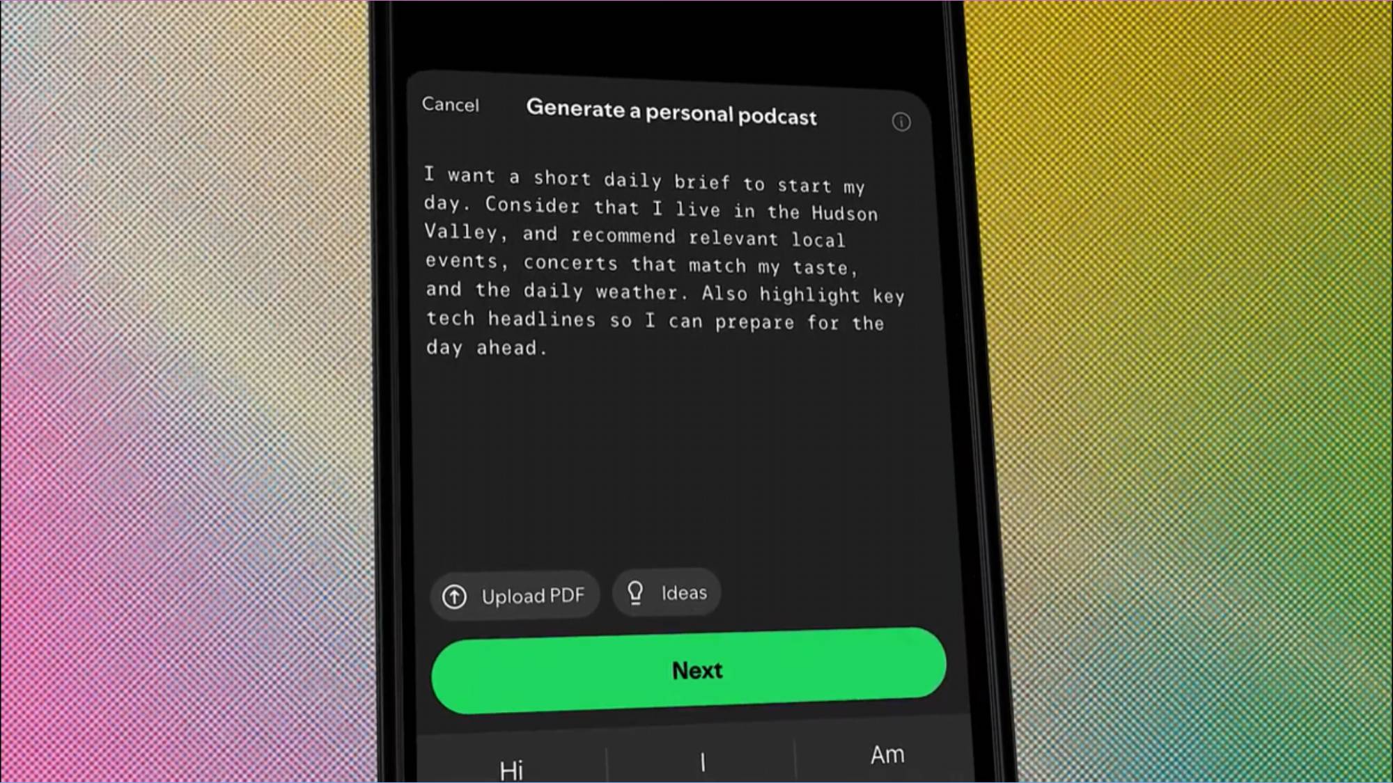 A prompt being entered into Spotify to generate a Personal Podcast