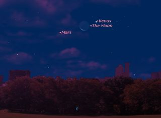 Skywatching Triple Treat: Mars and brilliant Venus will shine near the crescent moon before sunrise on Thursday, Sept. 10. This Starry Night sky map shows how the trio will look risking in the eastern pre-dawn sky at 6 a.m. local time as viewed from mid-northern latitudes.