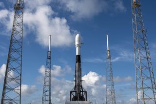 A SpaceX Falcon 9 rocket carrying the Sirius XM satellite SXM-8 stands atop Launch Complex 40 at Cape Canaveral Air Force Station, Florida on June 5, 2021, one day ahead of its planned launch.