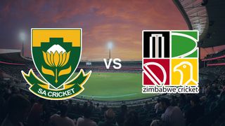 A cricket pitch with the South Africa and Zimbabwe logos on top, for the South Africa vs Zimbabwe live stream of the T20 World Cup