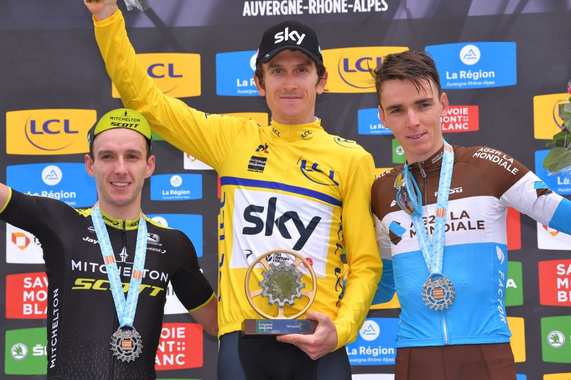 Adam Yates, Geraint Thomas and Romain Bardet on the podium in the Criterium du Dauphine