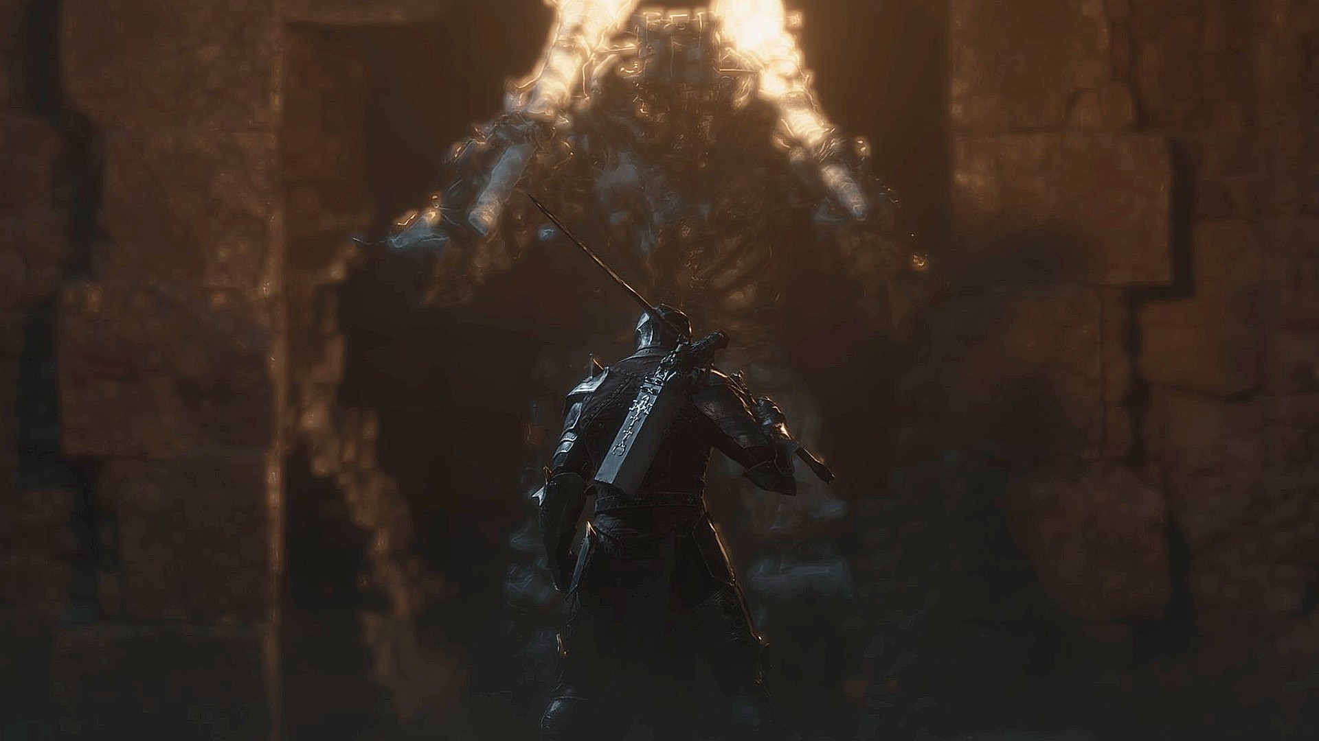 The player faces off against the giant Mortal Shell 2 Tar Golem boss.