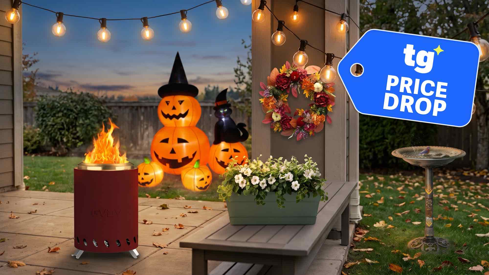 Firepit, decorative pumpkins, wreath, string lights and bird batch with Price Drop deals tag