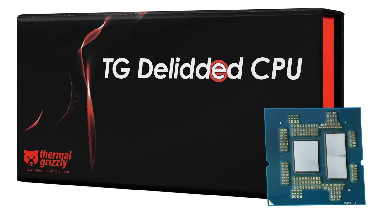 A photograph of a Thermal Grizzly Delidded CPU box with the bare processor leaning alongside.
