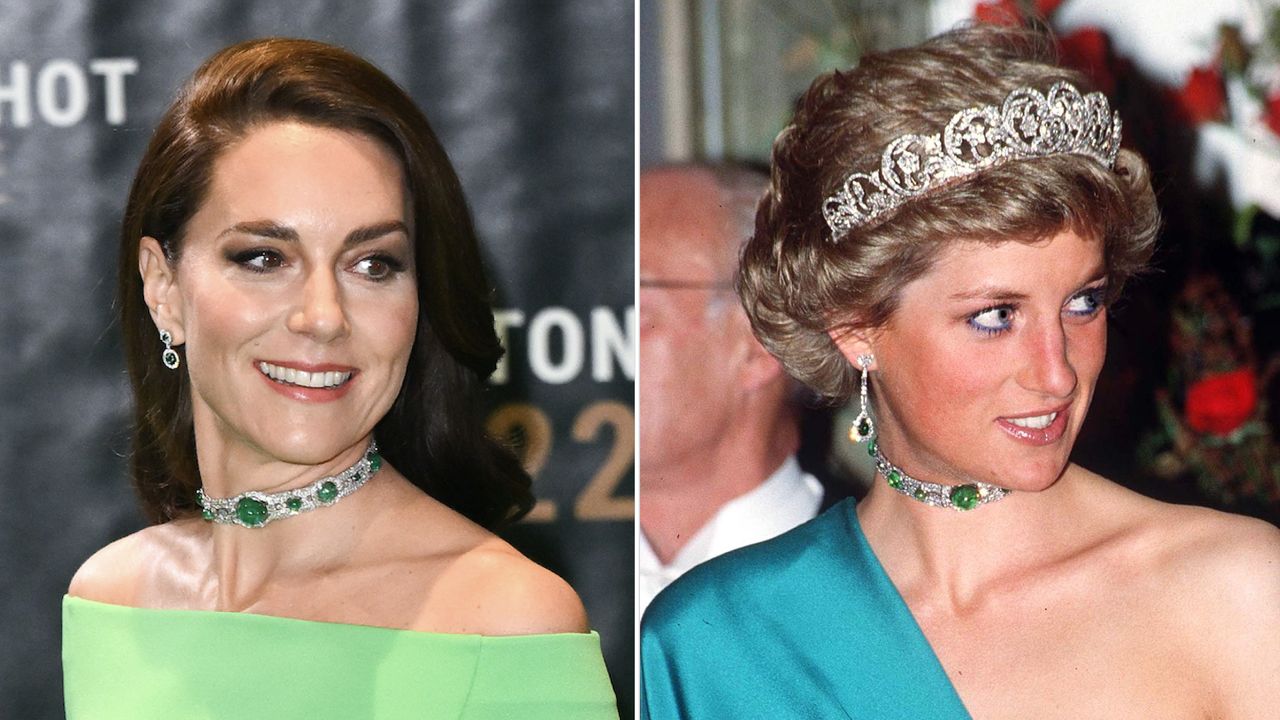 Kate Middleton wears a bright green off-the-shoulder dress with Princess Diana&#039;s 20 million dollar choker necklace, while Princess Diana wears a one-shoulder green dress and a tiara