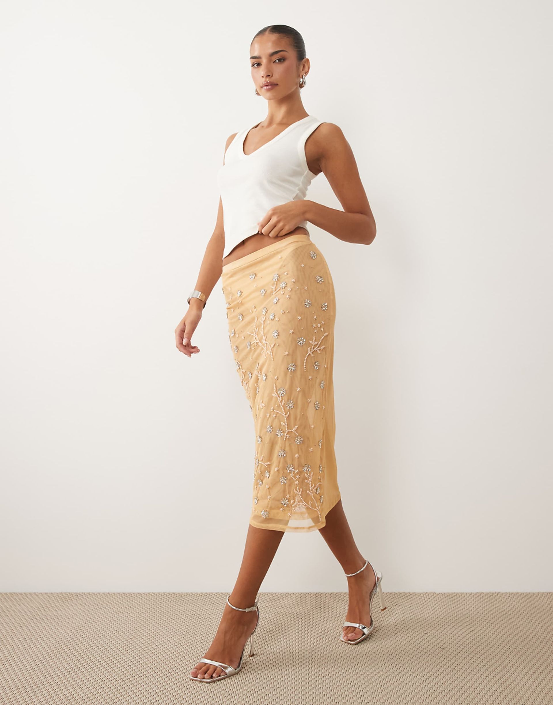 Asos Design Scattered Embellished Mesh Maxi Skirt in Cream