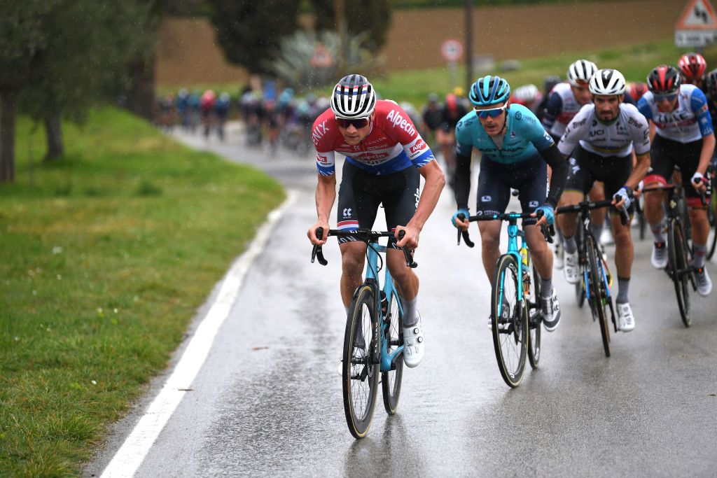 CASTELFIDARDO ITALY MARCH 14 Mathieu Van Der Poel of Netherlands and Team AlpecinFenix Alex Aranburu Deba of Spain and Team Astana Premier Tech during the 56th TirrenoAdriatico 2021 Stage 5 a 205km stage from Castellalto to Castelfidardo 175m Rain TirrenoAdriatico on March 14 2021 in Castelfidardo Italy Photo by Tim de WaeleGetty Images