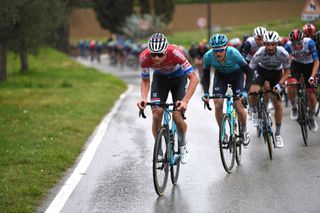 CASTELFIDARDO ITALY MARCH 14 Mathieu Van Der Poel of Netherlands and Team AlpecinFenix Alex Aranburu Deba of Spain and Team Astana Premier Tech during the 56th TirrenoAdriatico 2021 Stage 5 a 205km stage from Castellalto to Castelfidardo 175m Rain TirrenoAdriatico on March 14 2021 in Castelfidardo Italy Photo by Tim de WaeleGetty Images