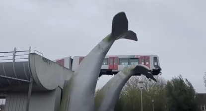A train that landed in a whale tale sculpture, near Rotterdam.
