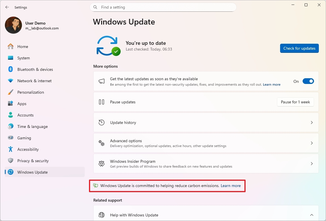 Windows Update carbon emissions info
