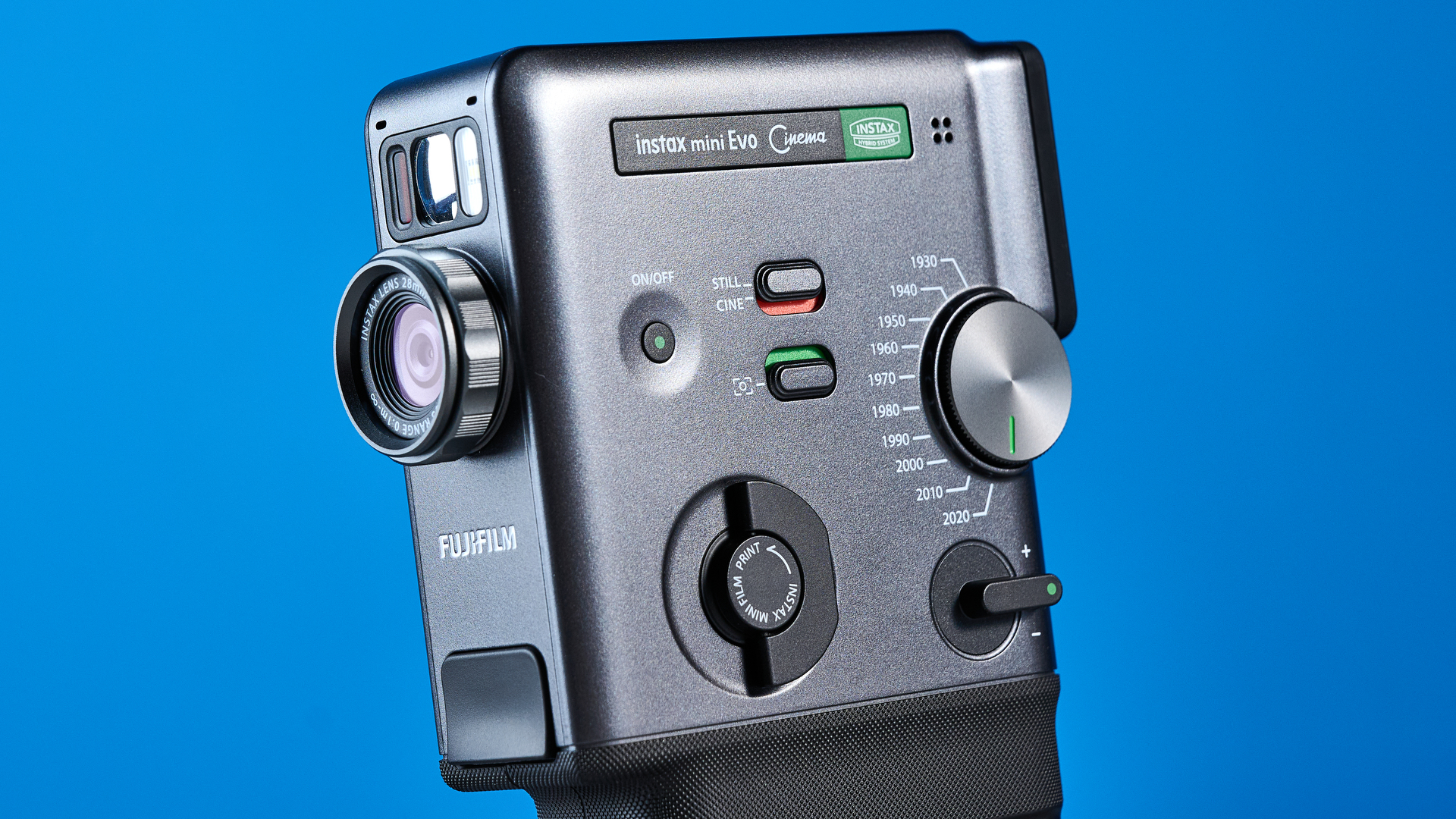 A Fujifilm Instax mini Evo Cinema hybrid instant camera