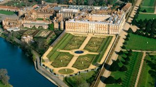 Birds-eye view shot of Hampton Court Palace and its gardens, used in Bridgerton season 3