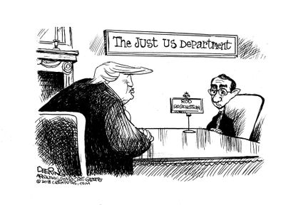 Political cartoon U.S. Trump Rod Rosenstein meeting justice department