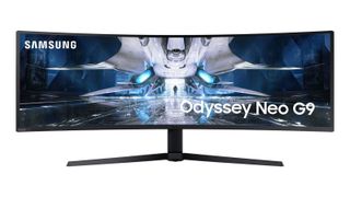 Samsung Odyssey Neo G9 curved gaming monitor on white background