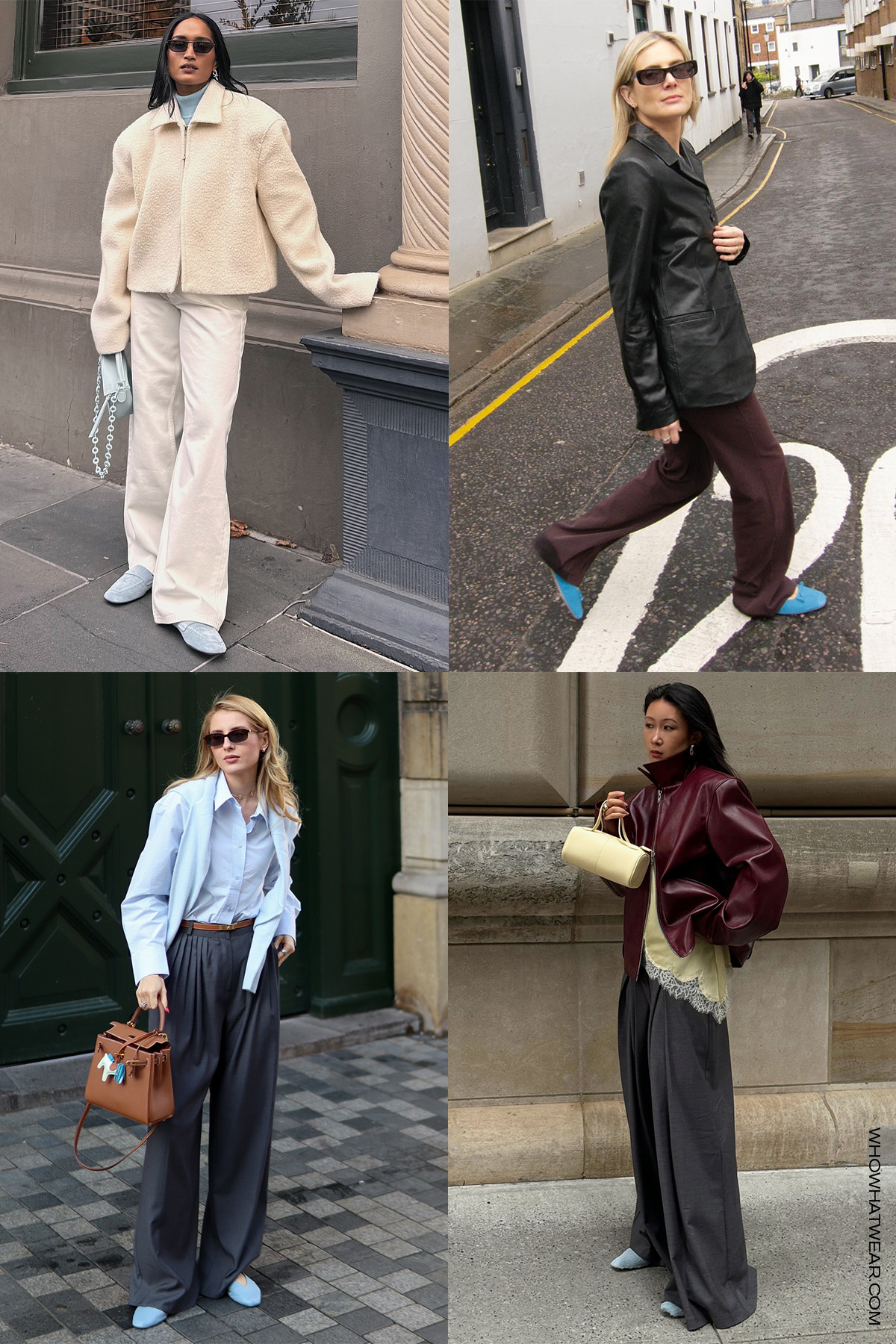 shoe color trends for fall 2025, specifically pastel blue, in a collage of women&#039;s outfits. On the top left, a woman is wearing a cream coat with a pastel blue turtleneck, white jeans, and suede blue loafers. On the top right, a woman is wearing a black blazer with brown trousers and blue ballet flats; on the bottom right, a woman is wearing a red leather bomber jacket over a yellow slip top with gray trousers and baby blue pony hair heels. On the bottom right, a woman is wearing a blue button-down, gray trousers, and blue flats.