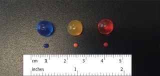 Three expanding water beads, shown in their small and expanded size.