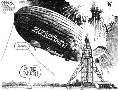 Political cartoon U.S. Mark Zuckerberg Facebook Hindenburg data privacy scandal Cambridge Analytica