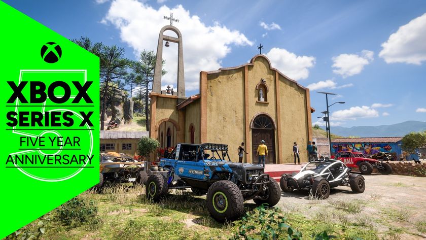 Monster trucks and jeeps parked outside a church in Mexico in Forza Horizon 5