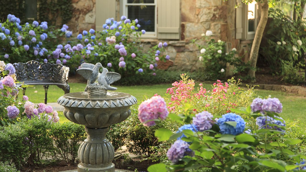 bird bath ideas hydrangeas surrounding a bird bath and stone home