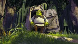Shrek proudly stands in front of his swamp-based outhouse in his self-titled 2001 film, one of May's new Netflix movies