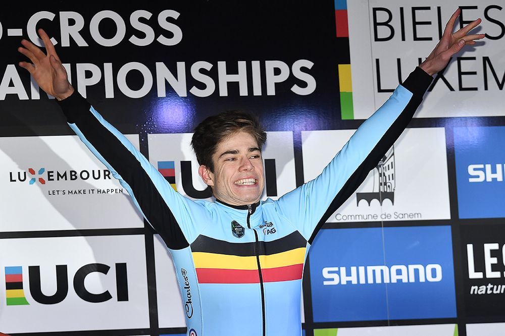 Wout Van Aert celebrates on the podium in Bieles